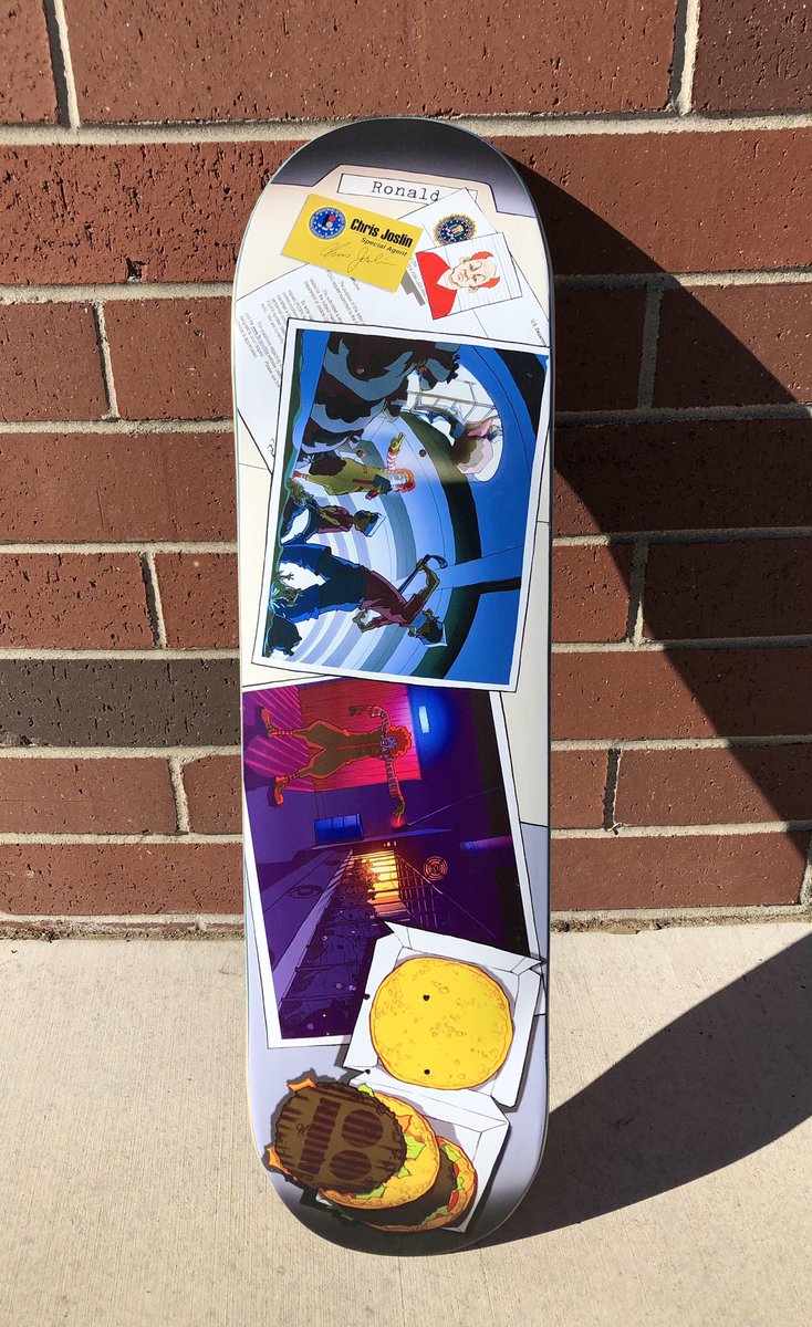 PlanBofficial's tweet photo. @chrisjoslin_ “Fast Food” model "Ronald" is 8.25 on Prospec Construction with custom art by @ronlemen. Built to last the Wolverine and the Plan B Team. Available now in skate shops worldwide! #planbskateboards #ProSpecConstruction #foodforthought https://t.co/7YybvmChBH