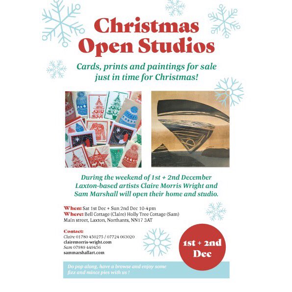 Christmas Open Studio this weekend !! Do pop by and say hi - lots of prints and cards for sale . Fizz and mince pies to enjoy &amp; small brown dog to cuddle !! #shopstamford #stamford #print #linocut #handmadecards #printmaking #openstudio