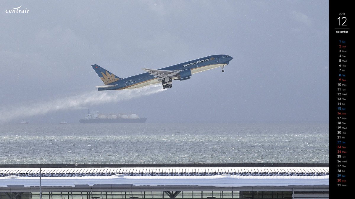 中部国際空港セントレア 12月の壁紙カレンダー 今日から師走 あっという間の１年間でしたね 今月のセントレア 壁紙カレンダーは白銀のセントレアからデアイシングやメインギアに付着した氷雪を振り落として力強く離陸していくベトナム航空のボーイング