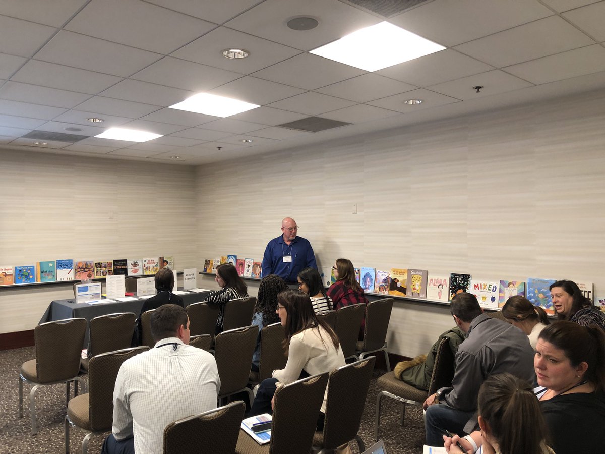 MindfulDanz's tweet photo. Starting conversations about how children’s books can act as mirrors and windows. It’s so important for our students to be surrounded by reflections of themselves &amp; have opportunities to look into the worlds of others. Building empathy &amp; kindness one book at a time! #NCSS18 https://t.co/UwYuUGZ5sJ