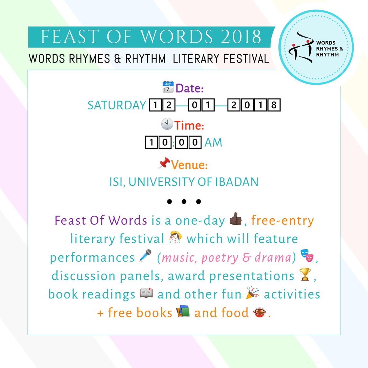 authorpedia's tweet photo. #FeastOfWords2018
#FeastOfWords
#FOW2018
#Nigeria
#Ibadan
#Writers
#Books
#Feast
#Talks
#Fun
..
..
DETAILS: https://t.co/5idfTGP87Q https://t.co/yeNM4n5SVF