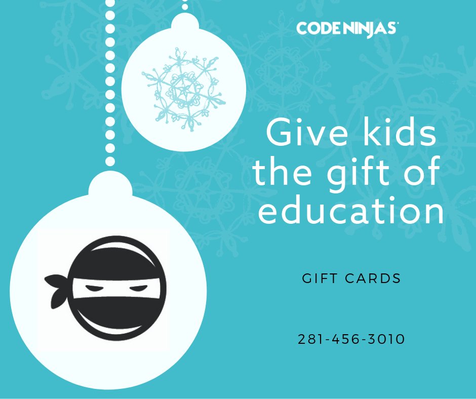 CodeNinjasSLTX's tweet image. Give the gift of EDUCATION this holiday season! #coding #kids #education #giftofeducation #giftideas #giftcard #camps #gamebuilders #programming #SugarLand #CodeNinjas #STEM #technology #hiyah