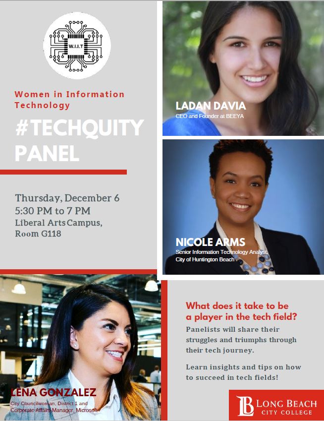 LBCC_COS's tweet photo. We're looking forward to the @COS_WIIT #Techquity Panel on Thur., Dec. 6 @LBCityCollege. Come hear these amazing speakers share their tech journeys! #COSDepartment #Degrees4TheFuture #amazingwomen https://t.co/NplzNiWBNK