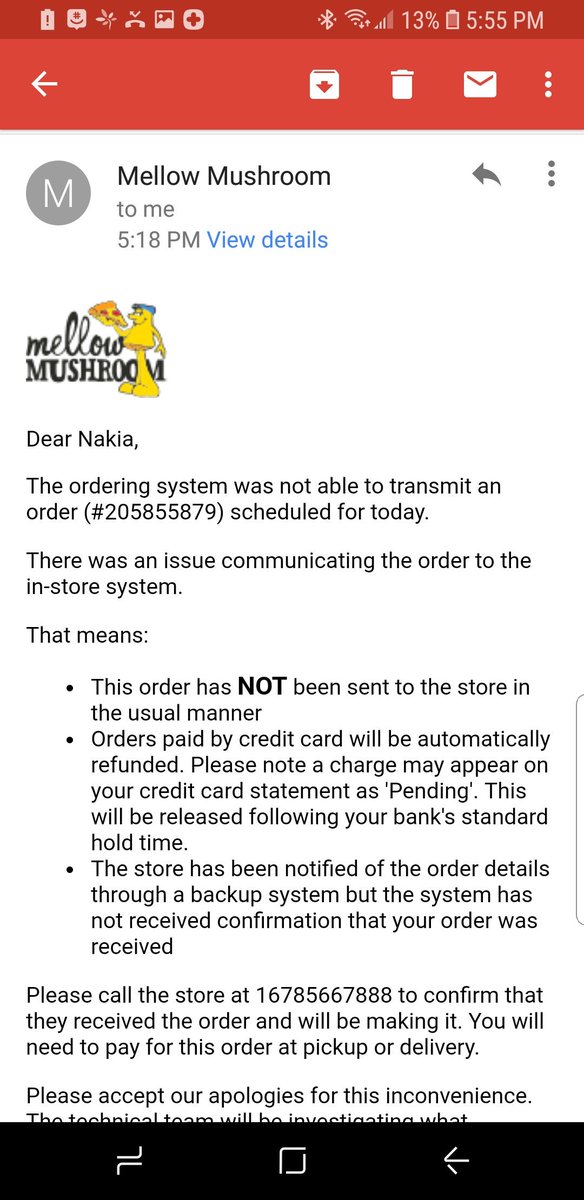 MrsCole08's tweet photo. @MellowMushroom do you see how early I confirmed my order and how late you cancelled it?? https://t.co/J3w8HGV88i