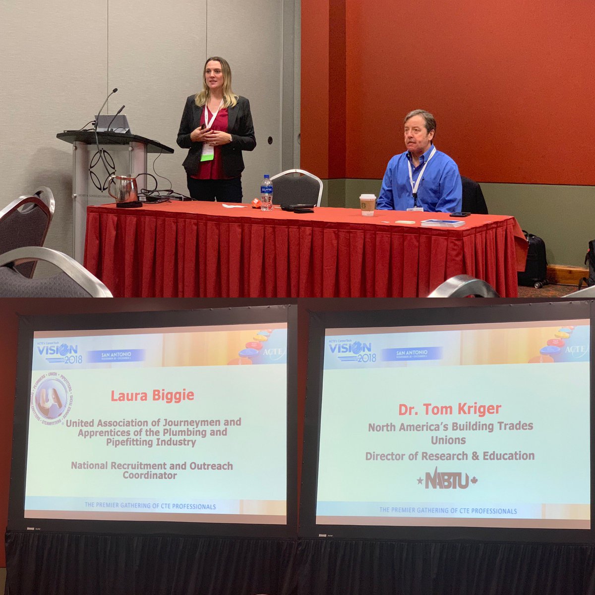 TxBldgTrades's tweet image. Laura Biggie w/ @UAPipeTrades and Dr. Tom Kriger w/ @NABTU holding a session on registered apprenticeship at #ACTEvision2018 #WeBuildTx