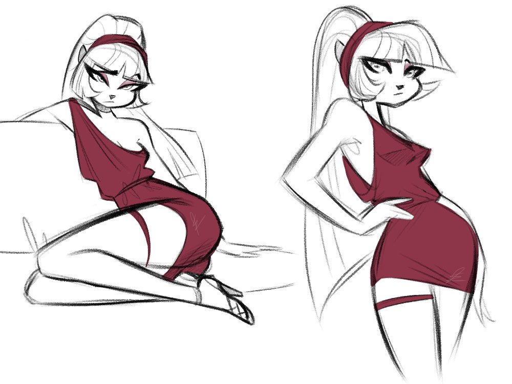 I like 'sketch' quickly to relax.
And sometimes, you find THE outfit who suit so well on your OC.
Oh yeah, it's perfect.
#roxane #oc #hazbinhoteloc #dress #winecolor