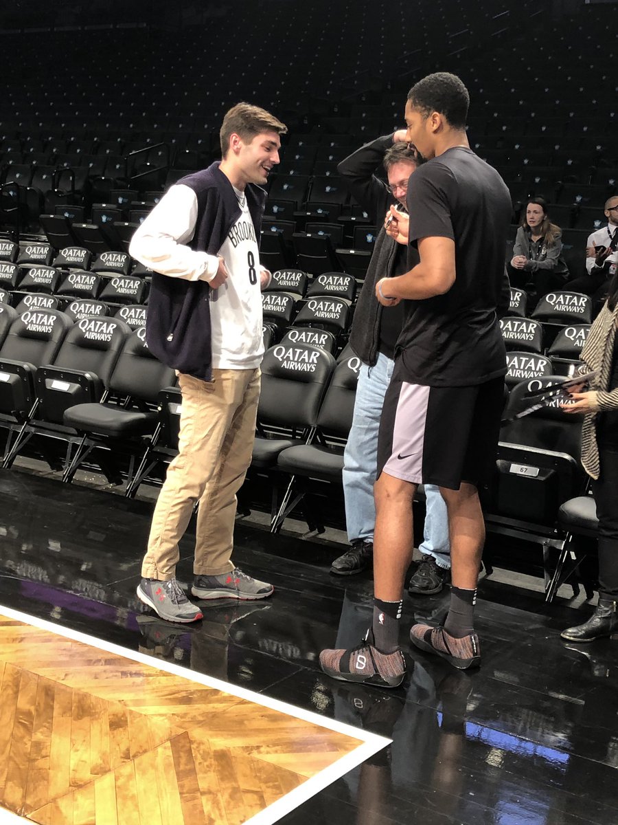 BrooklynNets's tweet photo. Mike won @SDinwiddie_25’s Twitter 🎟 giveaway, so of course Spencer came by to sign the swag 🖊 https://t.co/uVe864l7m9