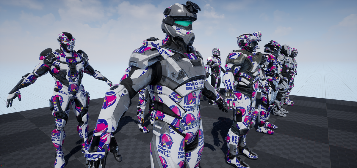 Splitgate's tweet photo. Here's a little 𝘁𝗮𝘀𝘁𝗲 of what we've been working on lately. We're looking to partner with big brands, so RT if you think @tacobell should partner with us! https://t.co/pOibBrO5Gu