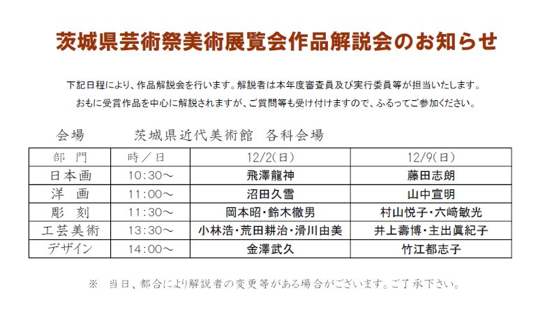 茨城県近代美術館 على تويتر 茨城県芸術祭 美術展覧会第２期がオープンしました 当館では 日本画 洋画 彫刻 工芸美術 デザイン部門の入選者と会員による多彩な作品 計８６１点を大展示 明日2日 日 は 審査員 実行委員による作品解説会もあります ぜひ
