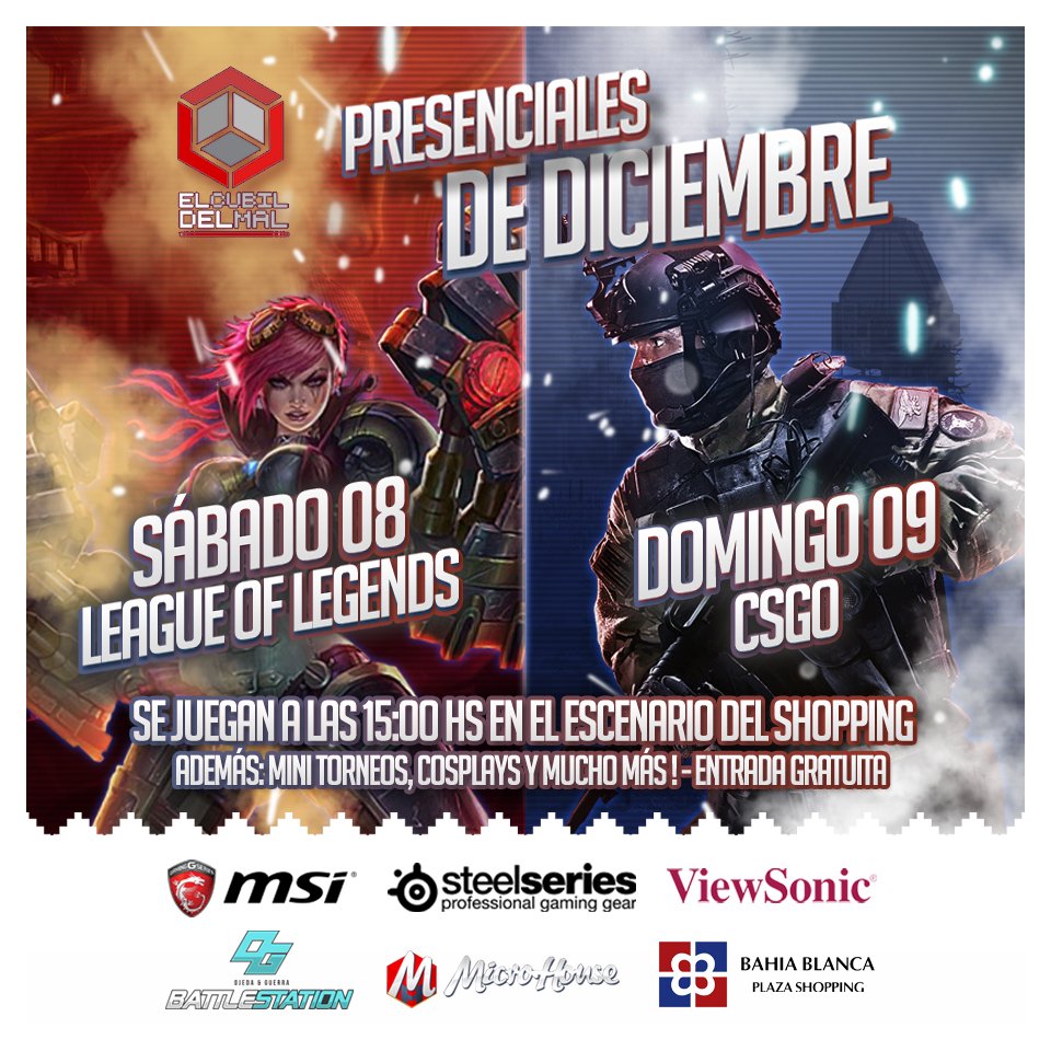 elcubildelmal's tweet photo. NO TE PIERDAS EL EVENTO GAMER DE DICIEMBRE. LOL, CSGO, y mucho mas, en la definición de las ligas mas picantes del sur del país.
#LBLOL #LBCSGO #LOL #LeagueOfLegends #CSGO #counter #counterstryke #cosplay #steelseries #msi #viewsonic #gamer #bahiablanca #shopping https://t.co/EKpK8qQAyr
