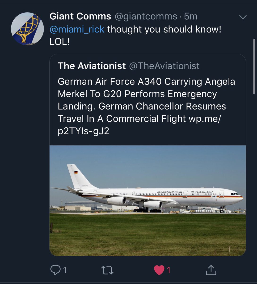 miami_rick's tweet photo. I see Angie’s #Squarebus clunked out... Had to fly commercial to the #G20..🤣😂🤣 Hey!! The russkies made it in their Ilyushin!! https://t.co/BhWUzqRlsc
