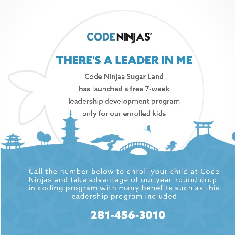 CodeNinjasSLTX's tweet image. We believe there&apos;s a leader in each and every kid! Check out our 7 week leadership program! #coding #kids #leadership #LeadershipDevelopment #ninja #programming #leading #education #EmpoweringKids #technology