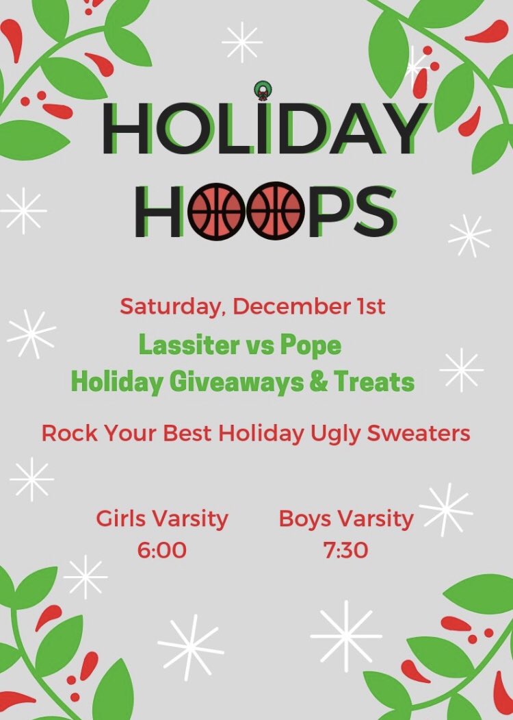 lassitercheer's tweet photo. Make sure you come out tomorrow in your Ugly Sweaters for Holiday Hoops vs. Pope! Local business giveaways and plenty of holiday treats! Girls at 6 &amp; boys at 7:30!  #GoTrojans #beatgreyhounds https://t.co/48wZU1DHk6