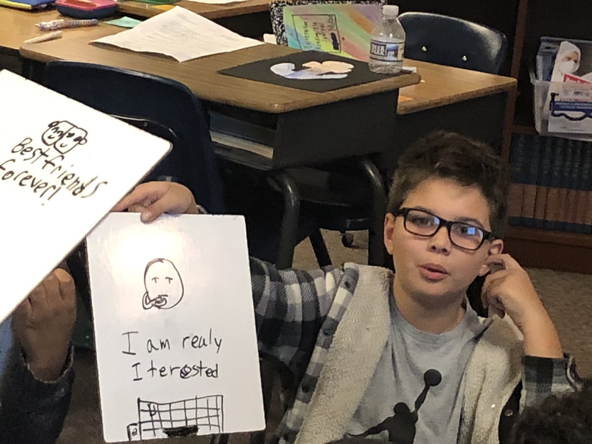 CarenMarkt's tweet photo. We had too much fun experimenting with  ‘punctuation for effect”. Ss wrote messages to a friend and chose  emojis to match.  I’ve learned many new things about my class the last couple days!! Also learned 4th graders + emojis= engaged learners! @bakerelembears #JourneytoAWE https://t.co/u74yD3mC1o