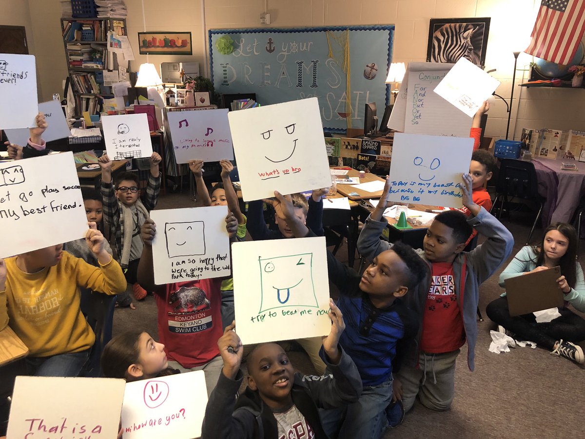 CarenMarkt's tweet photo. We had too much fun experimenting with  ‘punctuation for effect”. Ss wrote messages to a friend and chose  emojis to match.  I’ve learned many new things about my class the last couple days!! Also learned 4th graders + emojis= engaged learners! @bakerelembears #JourneytoAWE https://t.co/u74yD3mC1o
