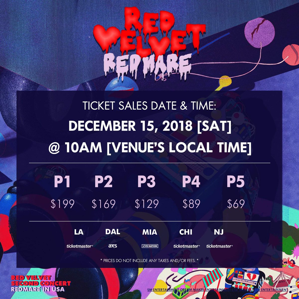 ctmgent's tweet photo. Ticket prices for #RedVelvet's [#REDMAREinUSA] concert has been released! 

They go on sale Saturday, 12/15/18, 10AM venue's local time!

Seating charts and ticket links have not been released yet.
#kpop #레드벨벳 #RedVelvetAtYourDoor #머릿속_레드벨벳_생각_뿐이야 https://t.co/sO9fwJ1Xiw