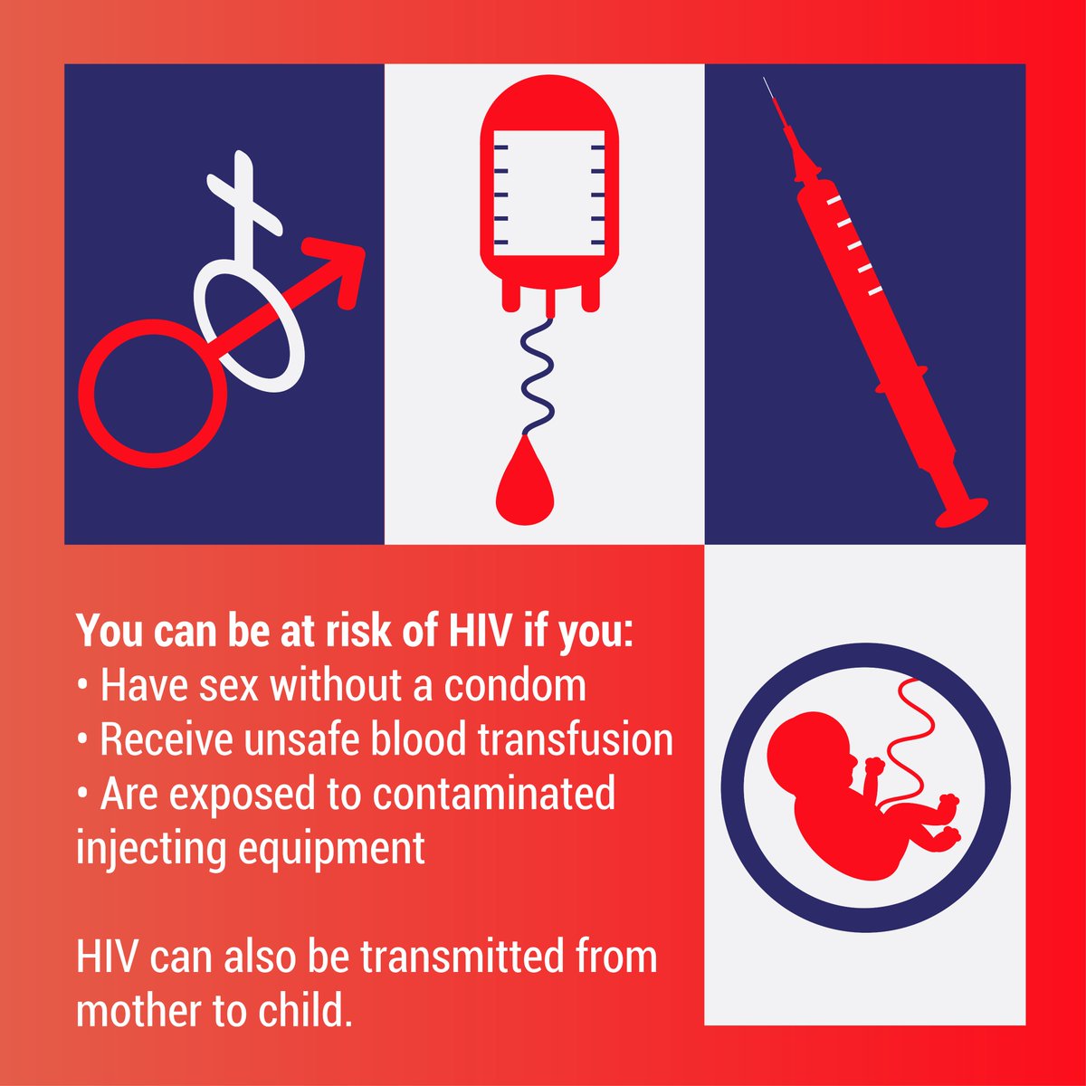 WHO's tweet photo. DYK: You can be at risk of #HIV if you:

🔺Have sex without condom
🔺Receive unsafe blood transfusion
🔺Are exposed to contaminated injecting equipment

HIV can also be transmitted from mother to a child.

#KnowYourStatus 👉 https://t.co/EPWYQl7QT4
#HealthForAll https://t.co/CT7SZk6APd