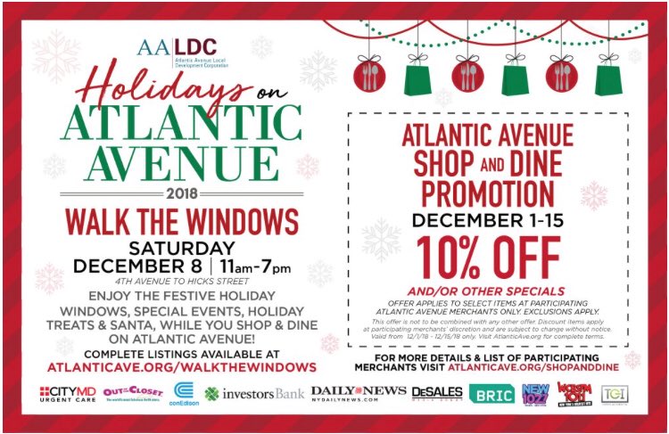AtlanticAveLDC's tweet image. Our Shop &amp;amp; Dine Promotion starts tomorrow December 1st! Enjoy 10% off and/or other special deals. Check out our website to see a list of participating stores. #AtlanticAvenue #PulseofBrooklyn #ShopandDine