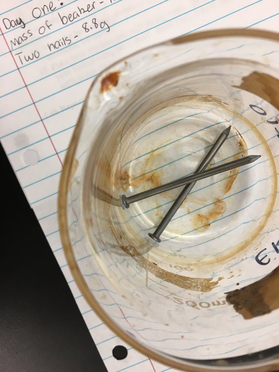 atkinswestchem's tweet image. Day 1 of the stoichiometry lab. Fe nails in CuCl2 - check back Monday to see what happens! @WSFCS_Science #RealTimeChem #WeDoScienceWell #ExpModelDemo