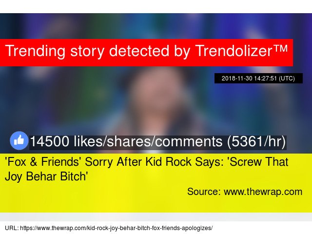 Trendolizer's tweet image. '#Fox&amp;amp;Friends' Sorry After #KidRock Says: 'Screw That Joy Behar Bitch' #SteveDoocy trendolizer.com/2018/12/fox-fr…