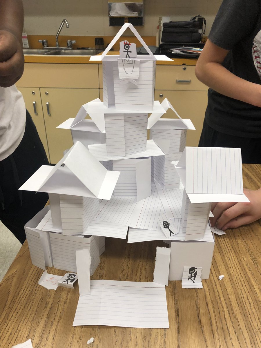 MsYoung4321's tweet photo. Critical Thinking Team Challenge in 7/8 SS! Build a castle with a tower and door using only cue cards. OH! And no verbal communication! @WoodhavenMS @shayepatras https://t.co/57gfa5vb2h