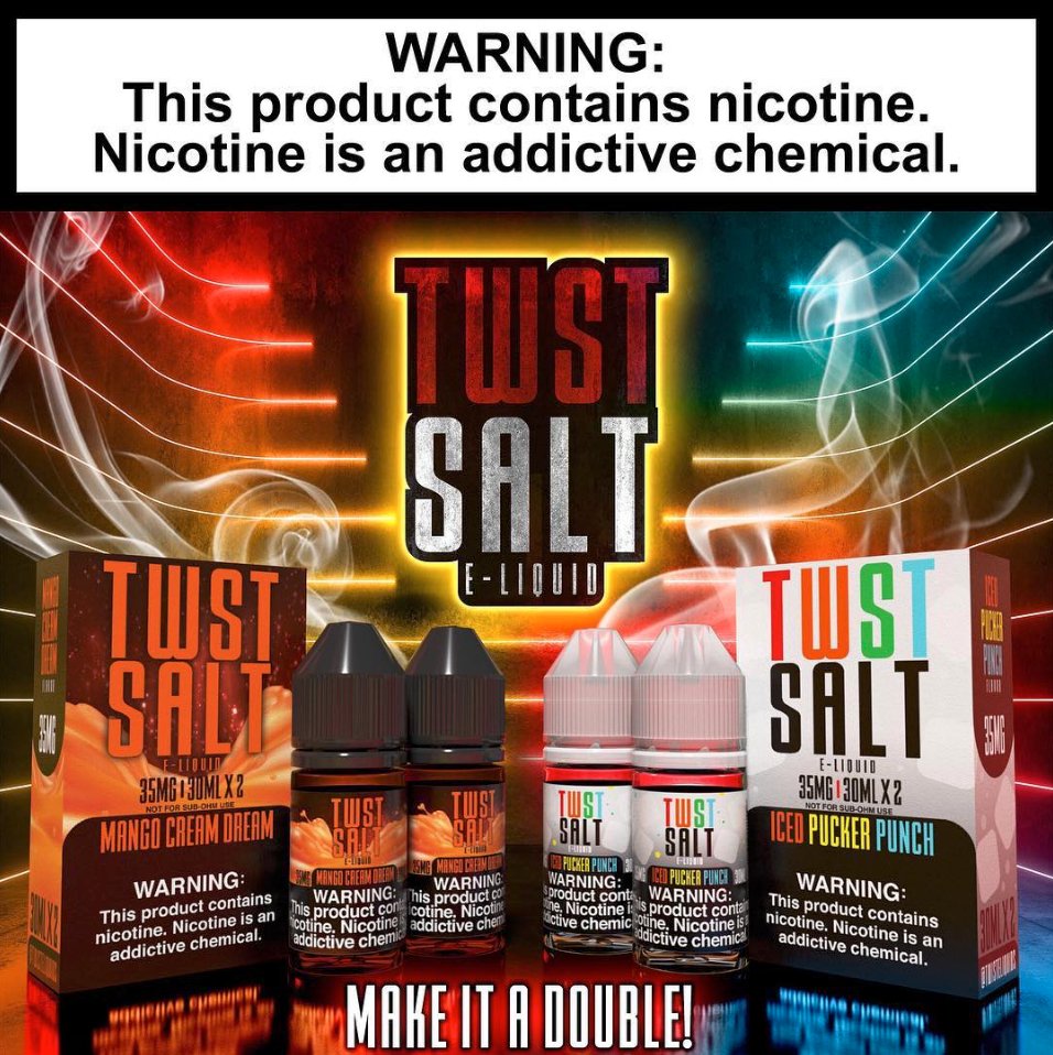 Double the trouble😜💨 We put two and two together and things got a bit TWISTED💥 The dream is real with our Mango Cream Dream and Iced Pucker Punch Salt! Both delectable flavors coming soon this December☃️❄️