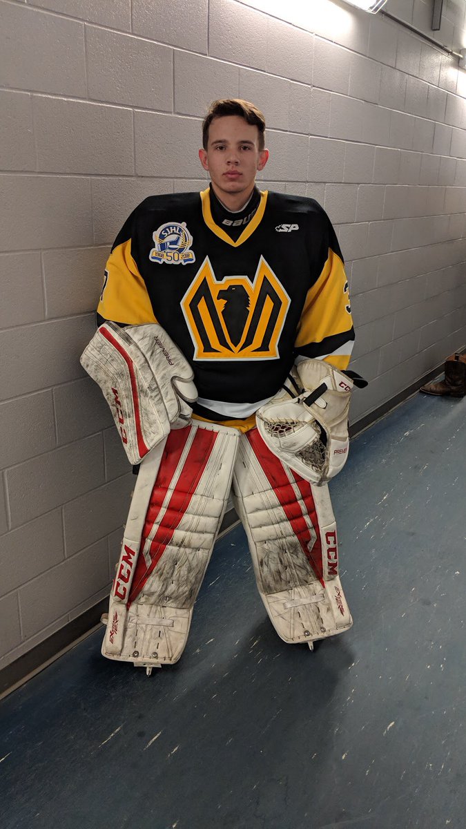 Melvillehockey's tweet photo. May not be a Mils jersey but boy are we proud of this kid! Dominic Orr stepping in to help the Hawks since they are down a goalie tonight #midgetaa #milsnation #HockeyFamily https://t.co/DY4y0AUKnm
