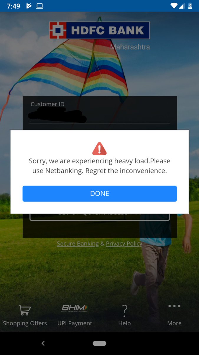 _kcore's tweet photo. @HDFC_Bank @HDFCBank_Cares it's funny how a banking app experiences heavy load that too on a Saturday morning. I am sure the message given is not genuine. If it is, well, IT Please scale up your servers and let me login! https://t.co/LYB9dRwiym