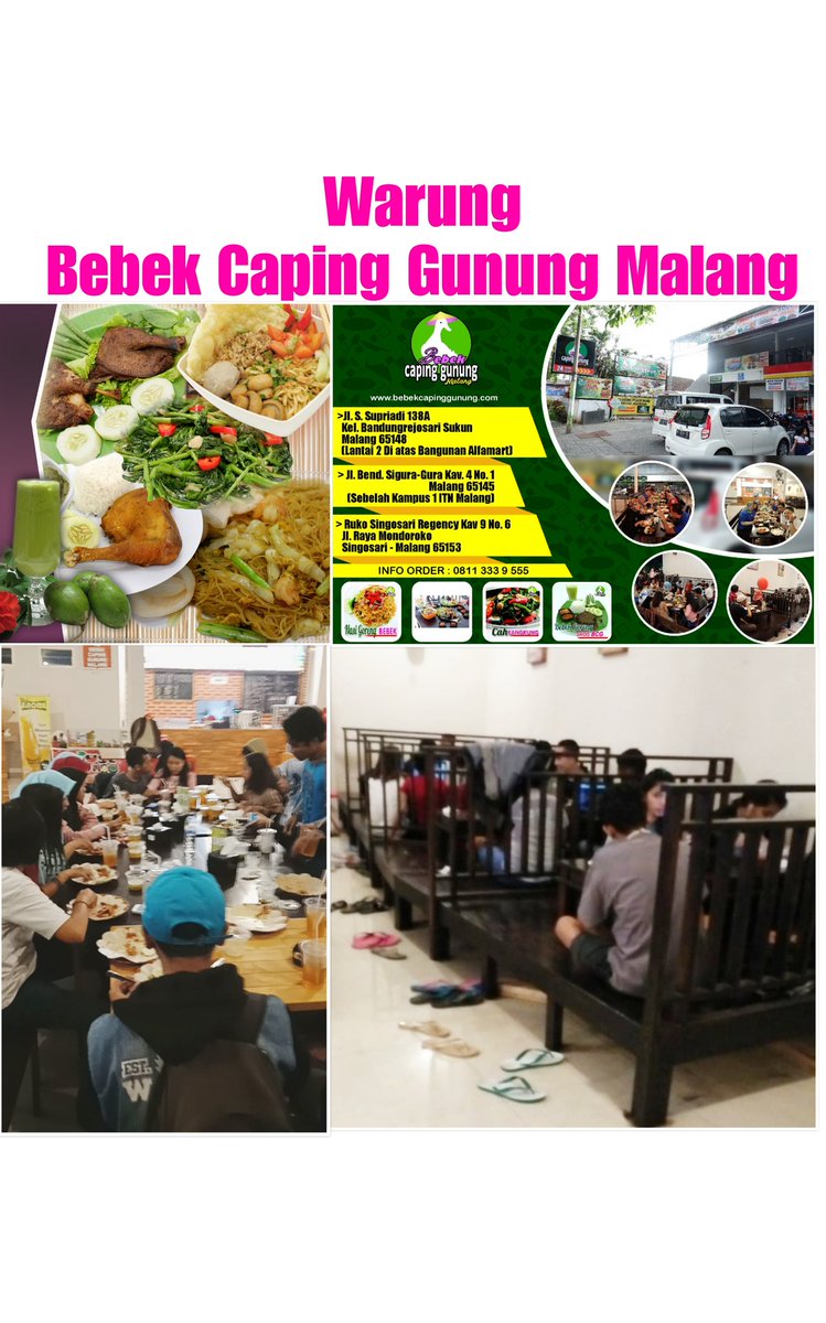 SWTani2's tweet image. Bebek Caping Gunung Malang bebekcapinggunung.com

1. Ruko Singosari Regency Kav. 9 No. 6. Jl. Raya Mondoroko, Singosari-Malang

2. Jl. S. Supriadi 138 A, Sukun-Mlg

3. Jl. Bend. Sigura-Gura Kav. 4 No. 1 Malang. Sebelahnya Kampus 1 ITN Mlg

WA/SMS : 08113339555
Free Ongkir Mlg