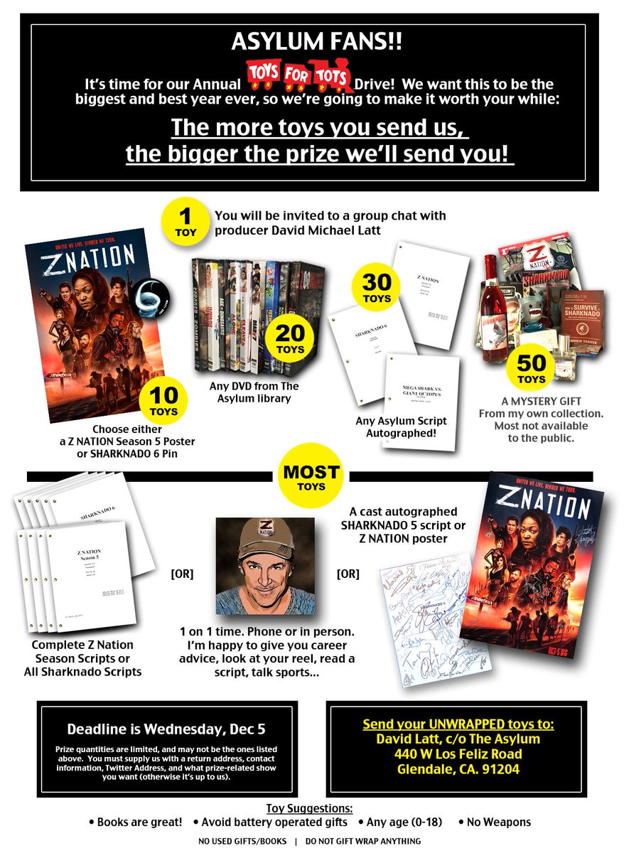 DavidMLatt's tweet photo. Hey #Znation #ZWackers! We are so close in breaking some serious toy records for #Toys4Tots! Send me toys, and YOU CAN GET SOME SERIOUS **EXCLUSIVE** MOVIE SWAG! Including #Sharknado!
#Retweet
@KellitaSmith1
@JayMewes
@tarareid
@theasylumcc 
@znation https://t.co/LwRnM0LE1r