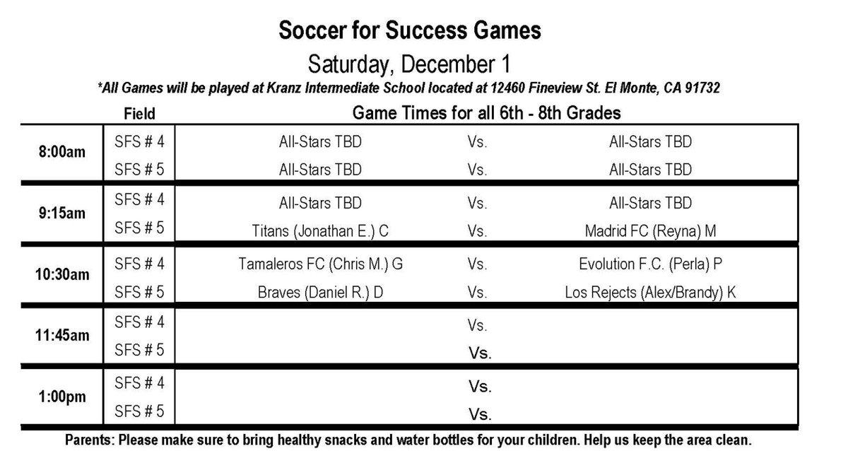 em_sfs's tweet photo. Games schedule for Saturday December 1st (19 games in total).  Hope to see you there. @ussoccerfndn @CityofElMonte @DrMaribelGarcia @mtviewschools @Up2UsSports @adidas #soccerforsuccess
0 replies 0 retweets 0 likes
Reply   Retweet   Like   View Tweet activity https://t.co/Mw9TROK4av