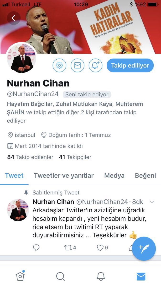 Güzel insan; Değerli kardeşimiz yazar Nurhan Cihan’ın yeni hesabını takip etmenizi öneririm.
#SesverBağcılar 
@NurhanCihan24