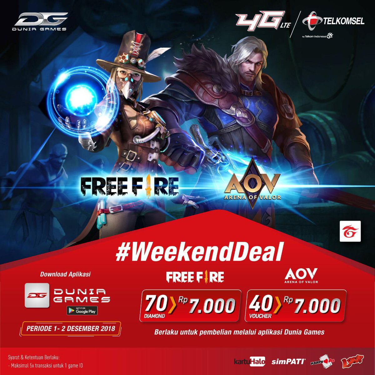 loopsolo's tweet image. Yuk main game Free Fire dan Arena of Valor dengan paket promo #WeekendDeal hanya dengan Rp 7.000 kamu sudah bisa mendapatkan 70 diamond dan 40 voucher game kesukaanmu.

#LoopSolo #LoopCorner3 #WeekendDealA3