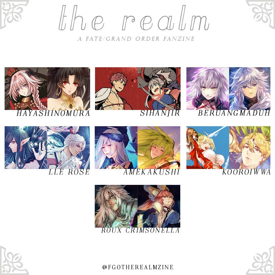F Go The Realm Fanbook On Twitter Here Is Our Complete List Of Artists And Assigned Characters A Whopping 30 Servants Have You Seen Your Fav Servant Yet Fate Grand Order The Realm Zine