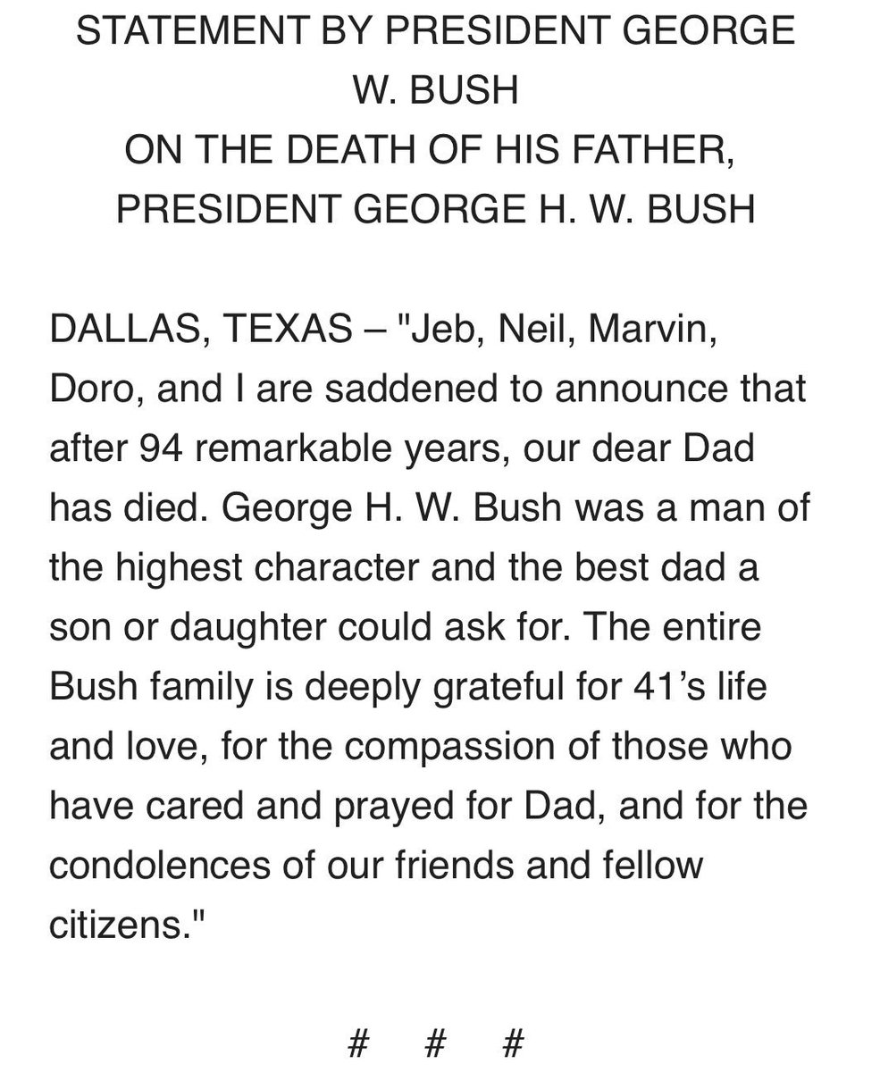 Statement from former President George W. Bush on the passing of his father, President George H.W. Bush: