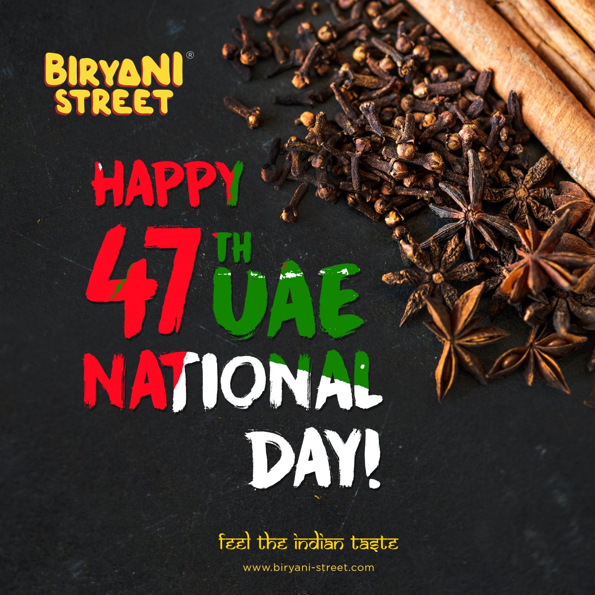 BiryaniStreet's tweet photo. Happy 47th National Day Everyone! Don't forget to celebrate #nationalday at Biryani Street!

#uaenationalday #happynationalday #uaenationalday2018 #47thnationaldayuae #streetfood #mydubai #happydubai #dubailife #palmjumeirah #Ajman #CommemorationDay https://t.co/qivIbpbEIt