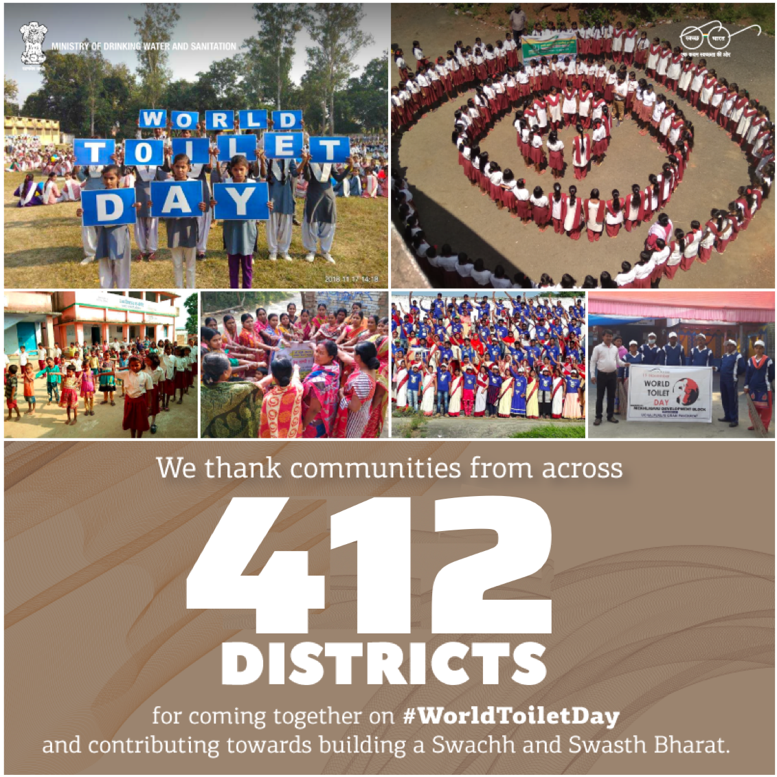 swachhbharat's tweet photo. We thank all the communities across the 412 districts that came together and made their contribution towards building a #SwachhBharat on the occasion of #WorldToiletDay.

It is this enthusiastic participation from the people that will make the Swachh Bharat Mission a success. https://t.co/ZRi0sPSVzf