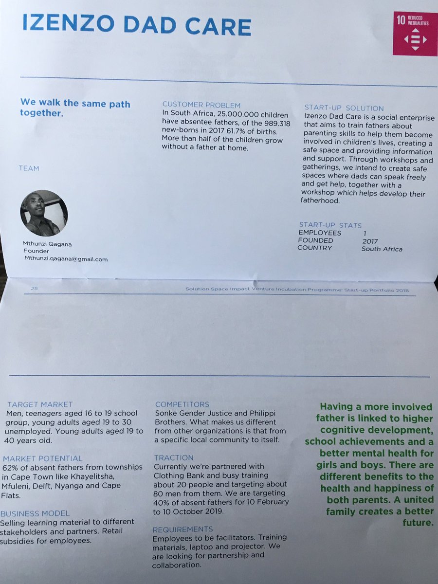 buhlegoslar's tweet image. 62% of fathers in South African townships are absent fathers ~ Mthunzi Qagana’s IZENZO DAD CARE is tackling the socio-economic &amp;amp; cultural issues driving this. This is a powerful idea with high #SocialReturns . Love the focus on partnerships as well. #SocEnt #IVIPWS18DemoDay