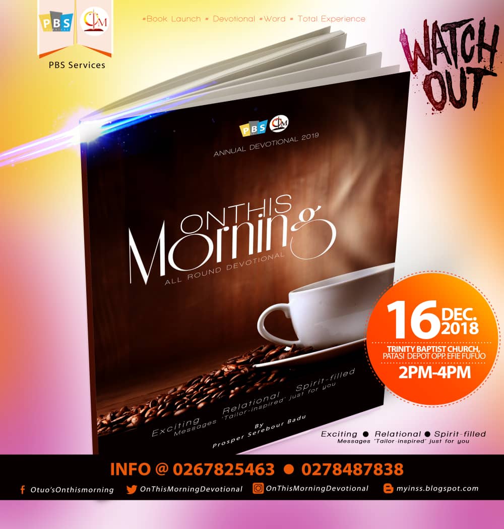 ProsperSerebour's tweet photo. #OTM'19 #TrinityBaptist #PatasiDepot #EfieFufuo #Kumasi #2pmTO4pm #AllRoundDevotional #TheNextUp #PurposeFulfilment
#SoliDeoGloria #NyameNhyirawo #SeeYou https://t.co/g3k9LBUK3q