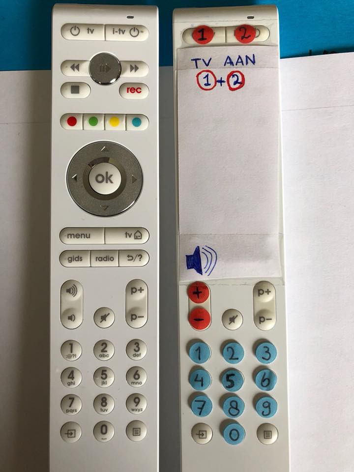 De dementerende dhr. J. (89j) belt dagelijks zijn dochter omdat "zijn tv het niet meer doet". De afstandsbediening is voor hem een kriem. Door alle onnodige knopjes af te plakken kan hij weer helemaal zelf de tv bedienen. #dementie #ergotherapie #mantelzorg #ditisergotherapie