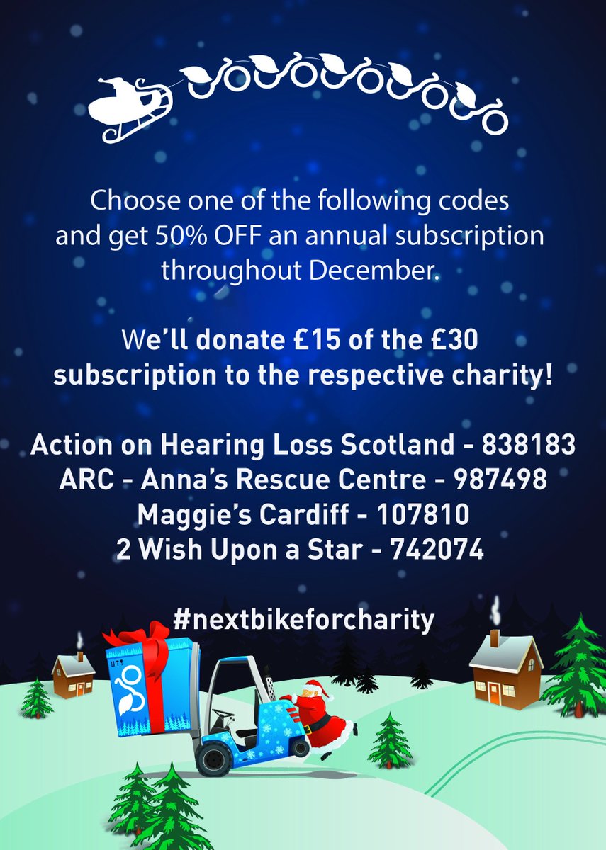 nextbikeUK's tweet photo. The donation period of our #nextbikeforcharity campaign has finally begun!

Use a code below to get an annual subscription for the halved price of £30, and we will donate £15 of it to either:

@annasrescue 
@2wishupon
@hearinglossSCO
@maggiescardiff

Available in December only! https://t.co/z7FwOJq1DS