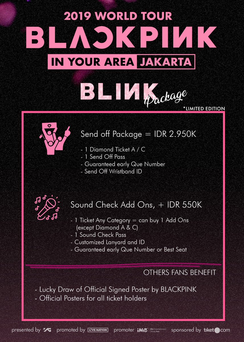 BLACKPINK 2019 WORLD TOUR [IN YOUR AREA JAKARTA] | 20 January 2019 | ICE,BSD

Here are the BLINK package for you to enjoy!

More details : facebook.com/18539162861985…

Limited Quantity! Grab it fast!?

#BLACKPINK2019WORLDTOUR #INYOURAREA #INYOURAREAJKT #KPOP #LIVENATION #YG #IMEID