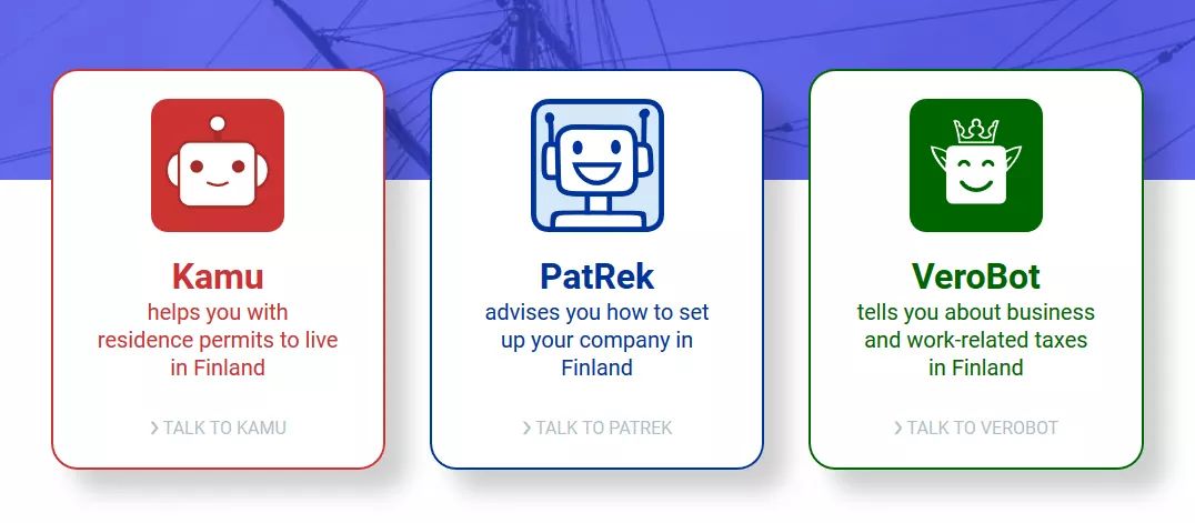 prh_fi's tweet photo. Did you notice #PatRek, #Kamu and #VeroBot? @prh_fi, @Maahanmuuttovir and @TaxFinland have joined forces to offer a #chatbot service channel to help foreign #entrepreneurs to start a #business in #Finland 👍 https://t.co/q8JO1ldIjx @inlandDesign #slush18 #startingupsmoothly https://t.co/Fo9iokZHZX