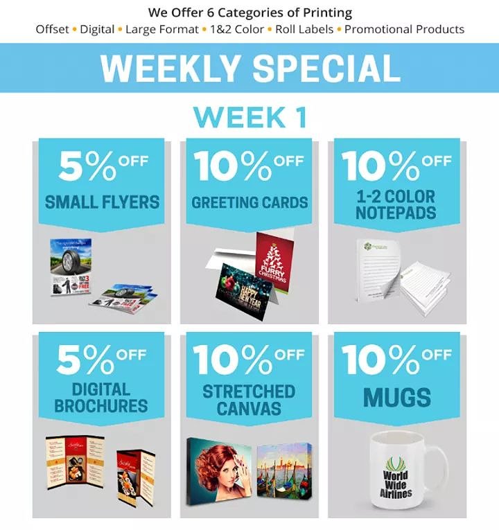 #WeeklySavings #December #Week1 #SmallFlyers #GreetingCards #12ColorNotepads #DigitalBrochures #StretchedCanvas #Mugs #Savings #IllTakeYouToThePrintShop