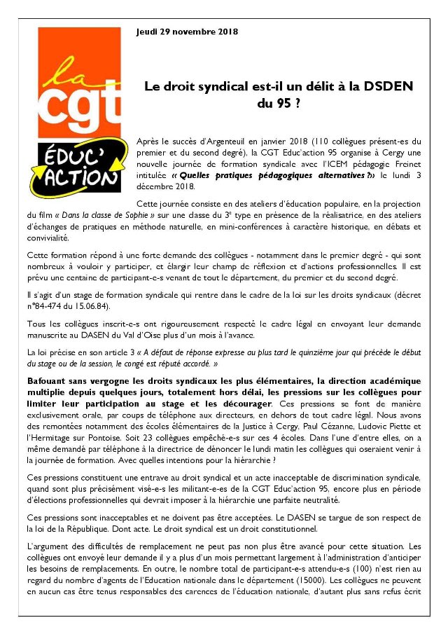 JulienFoucou's tweet photo. Pressions inadmissibles de la hiérarchie de l’@Educ_Nationale pour empêcher des enseignants d’aller à une formation pédagogique organisée par la @cgt_educ et l’@FreinetIcem . Le droit syndical est encore garantit par la constitution de notre #Republique . #Valdoise #CGT https://t.co/BmNYkc8Nqu