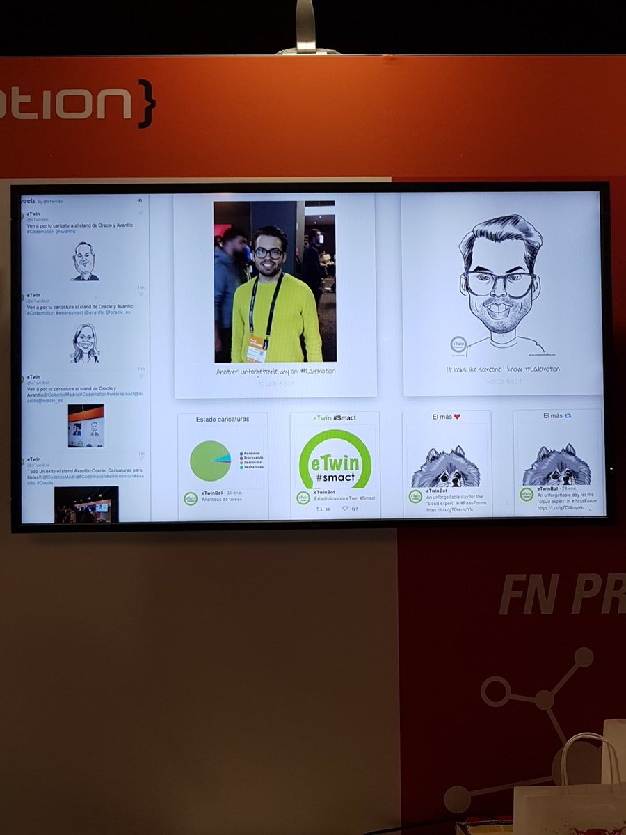 eTwinBot's tweet photo. Ya estamos listos para haceros vuestras caricaturas!!! En #Codemotion venid al stand de @avanttic @oracle_es ✌🏻 https://t.co/ZwTJboi9Vg