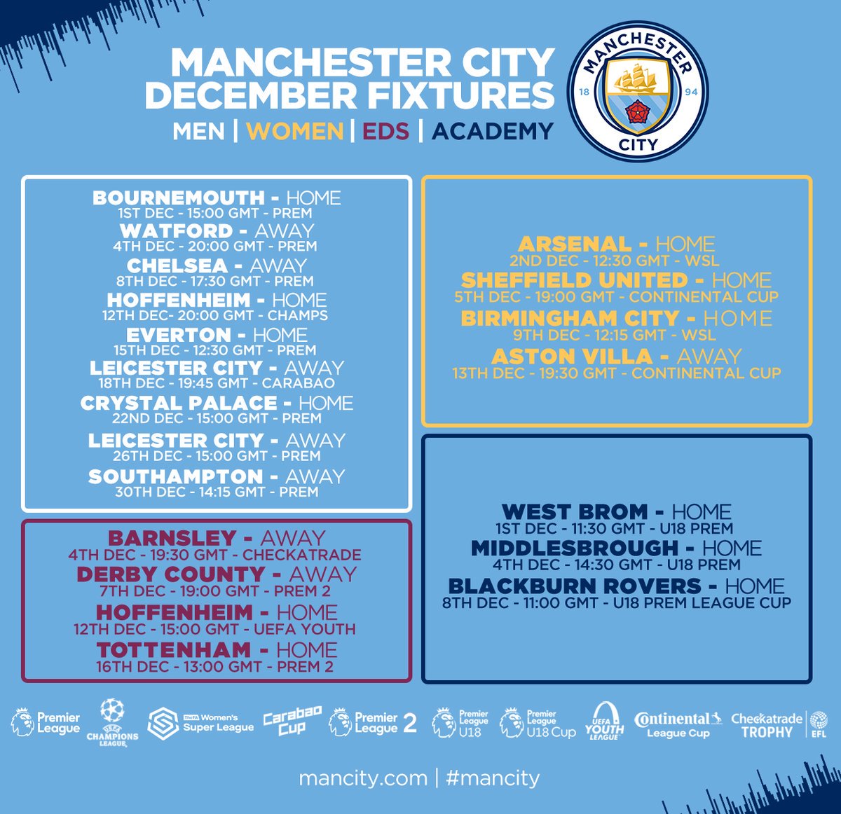 Manchester City Auf Twitter 12月をチェック 2日 0 00 Vsボーンマス 本日深夜 5日 5 00 Vsワトフォード 9日 2 30 Vsチェルシー 13日 5 00 Vsホッフェンハイム Cl 15日 21 30 Vsエバートン 19日 4 45 Vsレスター 23日 0 00 Vsクリスタルパレス 27日 0 00 Vs
