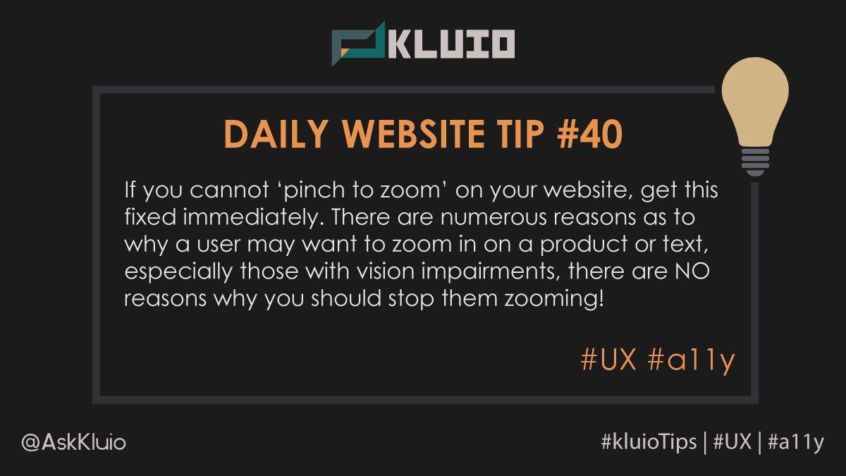 AskKluio's tweet photo. If you cannot ‘pinch to zoom’ on your website, get this fixed immediately. There are numerous reasons as to why a user may want to zoom on a product or text, especially those with vision impairments, there are NO reasons why you should stop them zooming!
#UX #a11y #kluioTips https://t.co/Y0L0fFcj0C