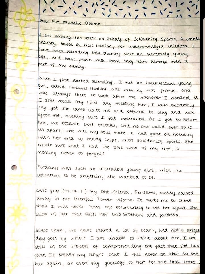 TimDownie1's tweet image. Twitter can you work your magic &amp;amp; get this to @MichelleObama? Heartfelt letter from a young girl who lost her best friend in the fire at #GrenfellTower asking to meet her idol Michelle when she visits London next week. Please share &amp;amp; make her dream reality. #Grenfell #IAmBecoming