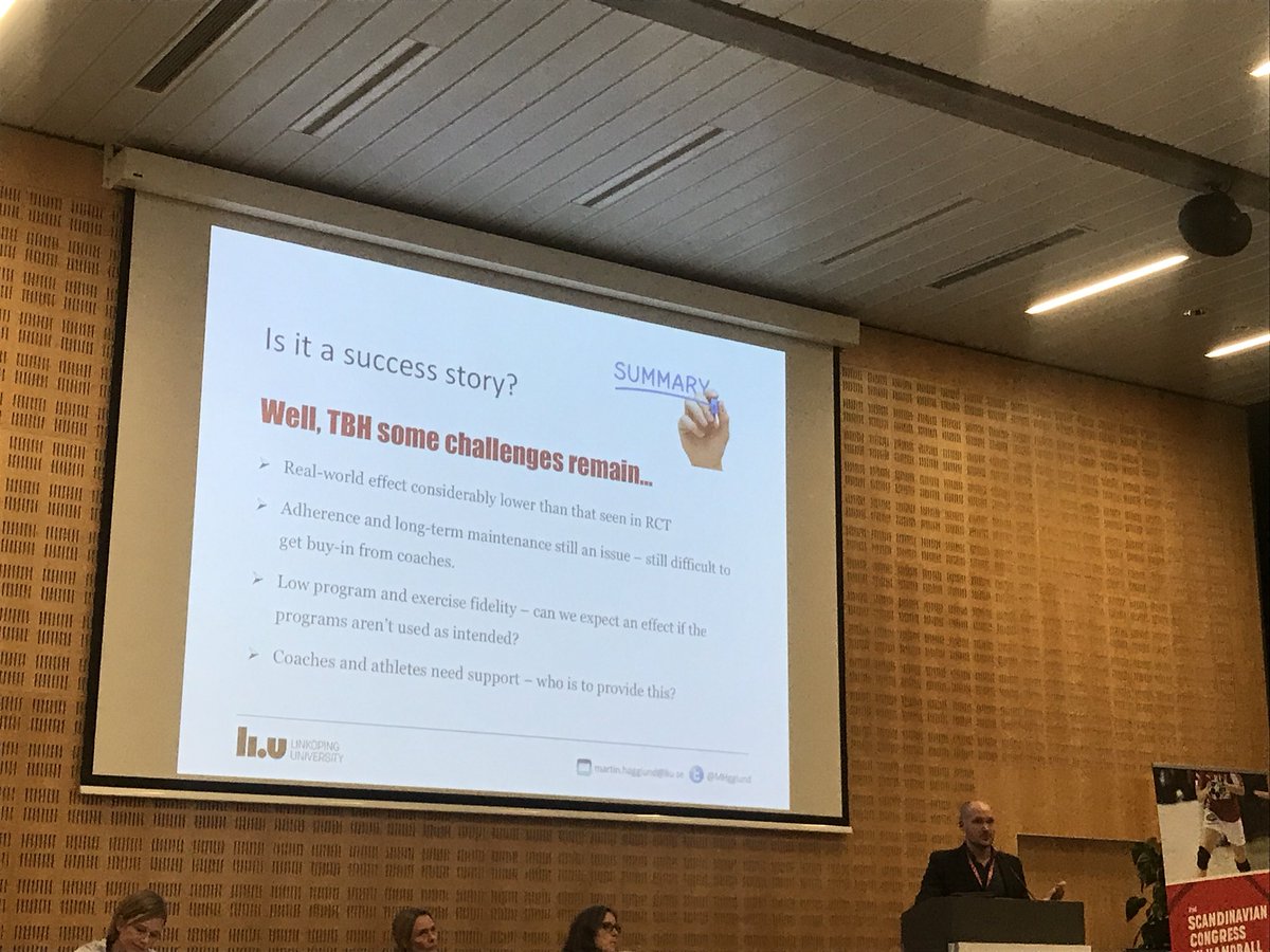 martinasker's tweet photo. Summary of @MHgglund fantastic talk on implementation of injury prevention in real world settings. Great way to end #schms2018 👌🏻 https://t.co/D6QP6hvgvX